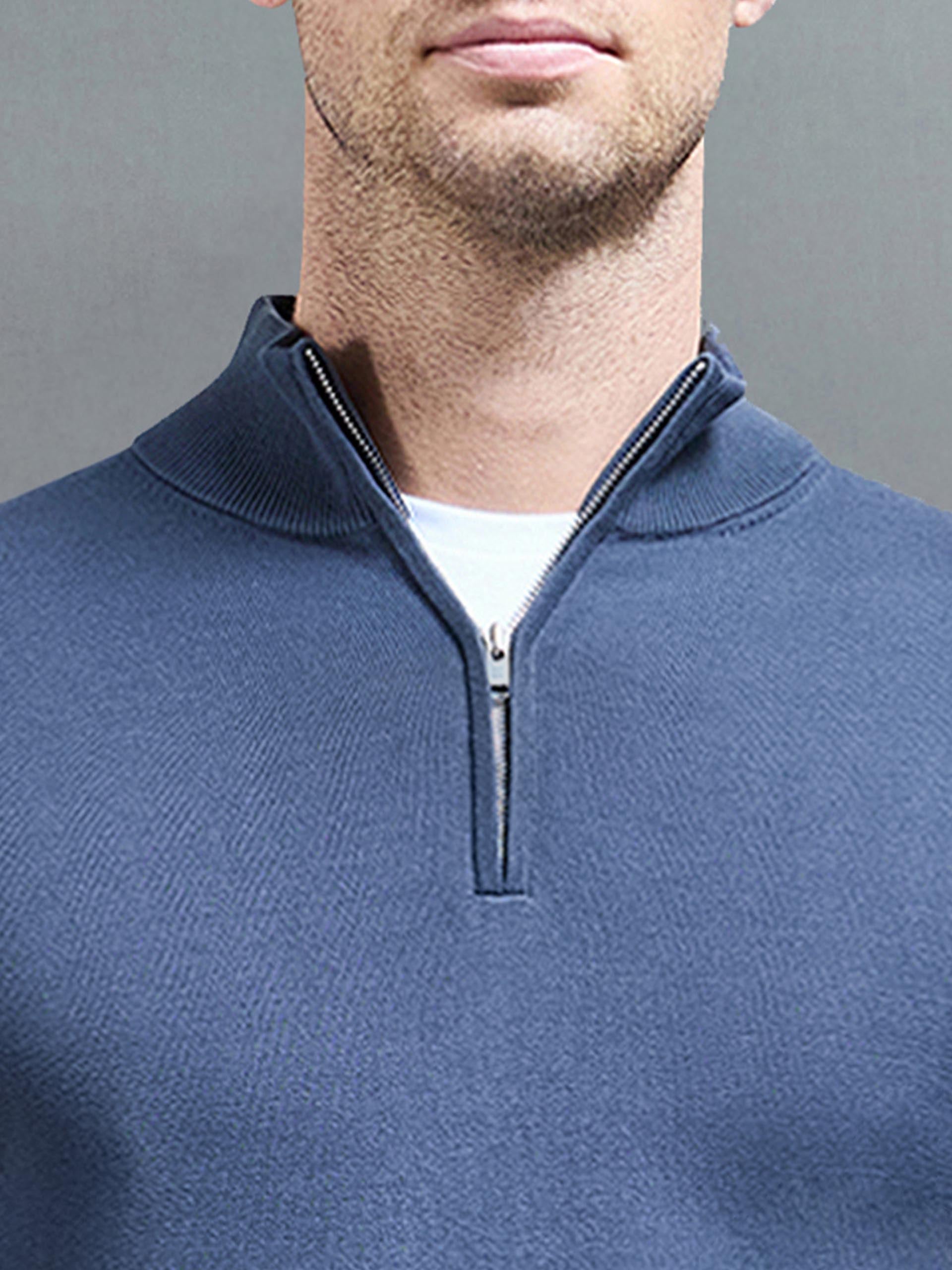 Cotton Knitted Half Zip Funnel Neck Jumper in Slate Blue