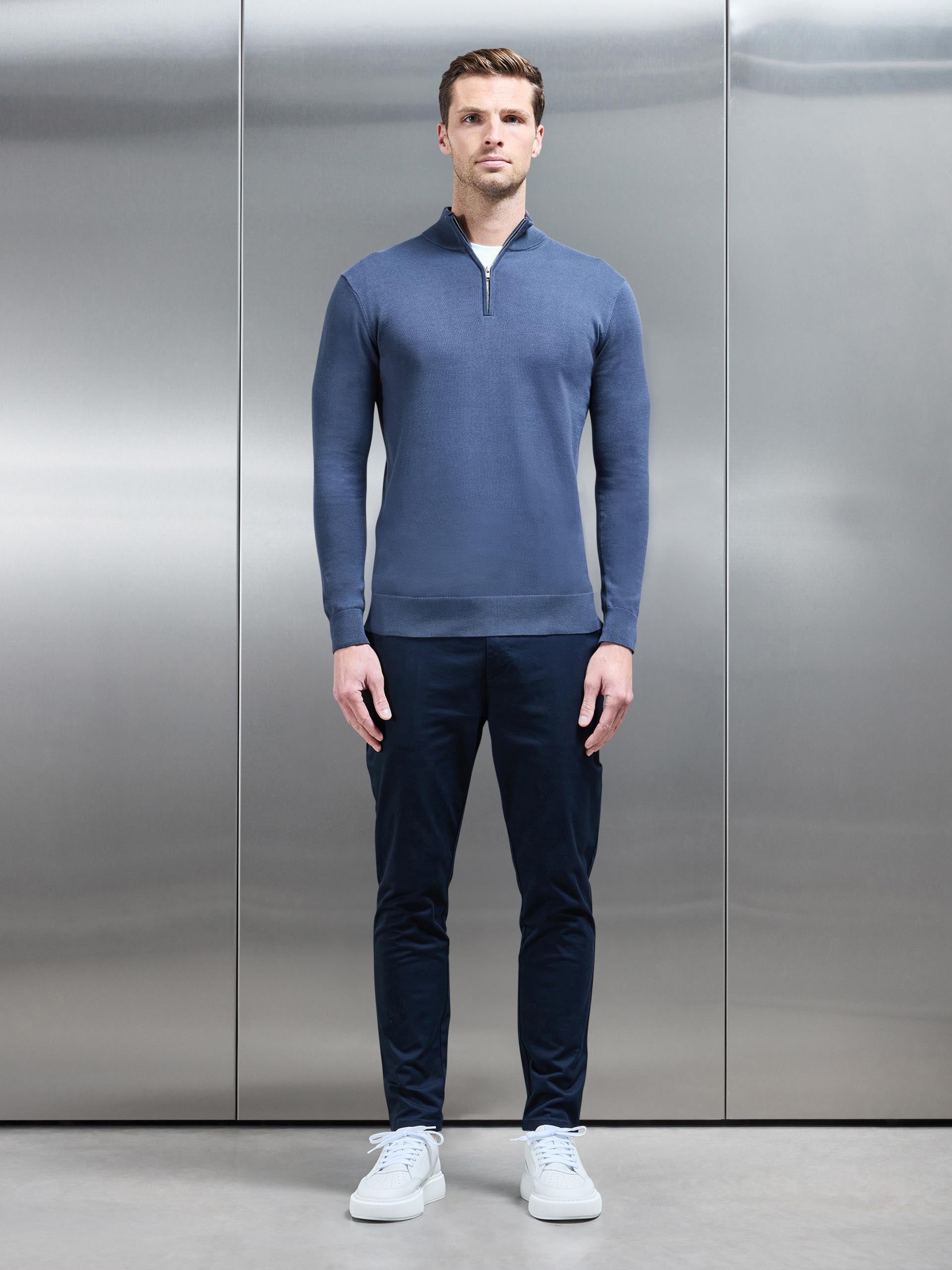 Cotton Knitted Half Zip Funnel Neck Jumper in Slate Blue