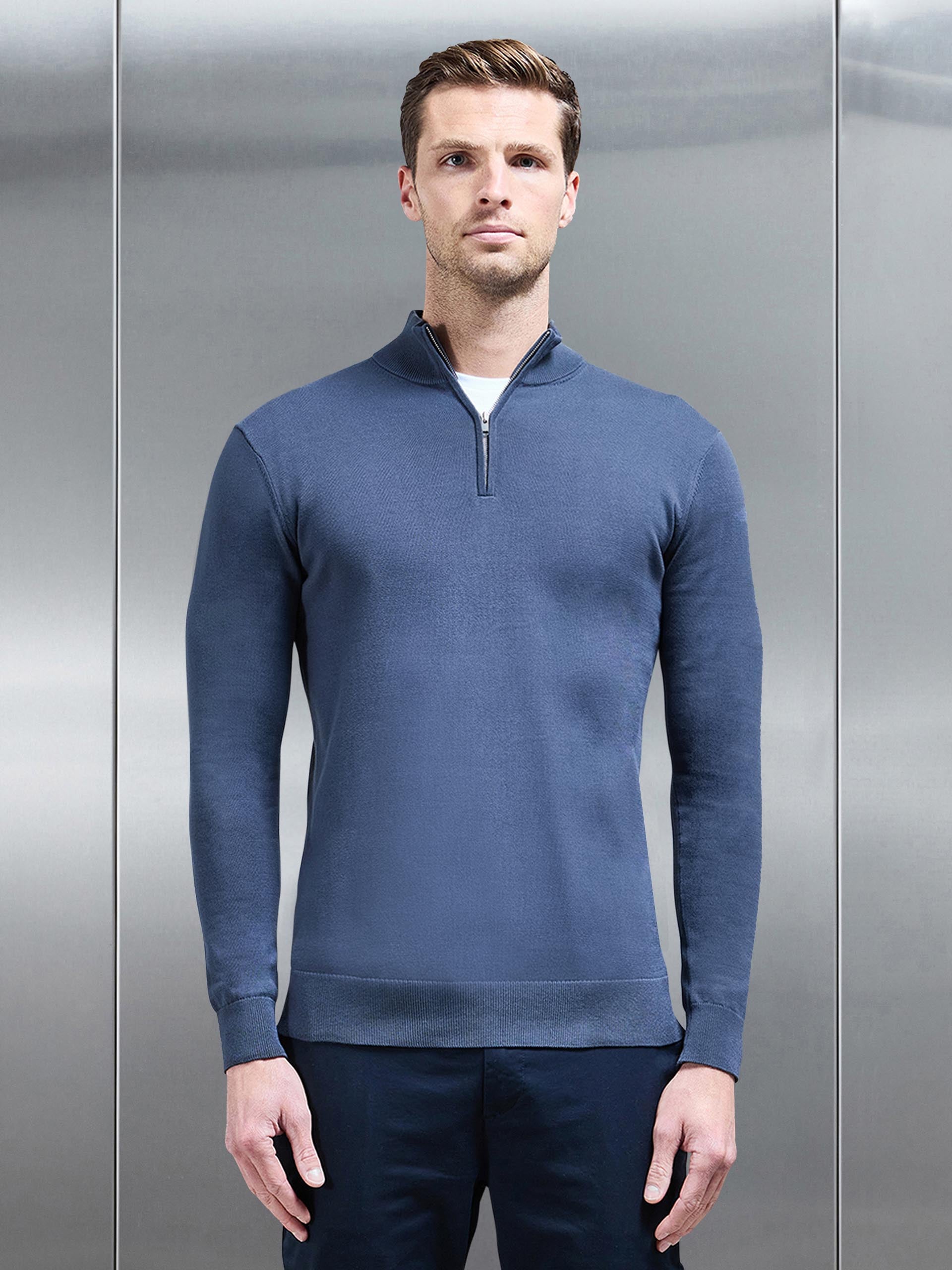 Cotton Knitted Half Zip Funnel Neck Jumper in Slate Blue
