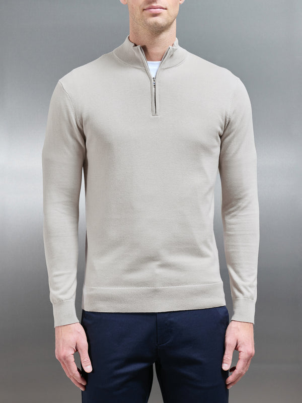 Cotton Knitted Half Zip Funnel Neck Jumper in Stone