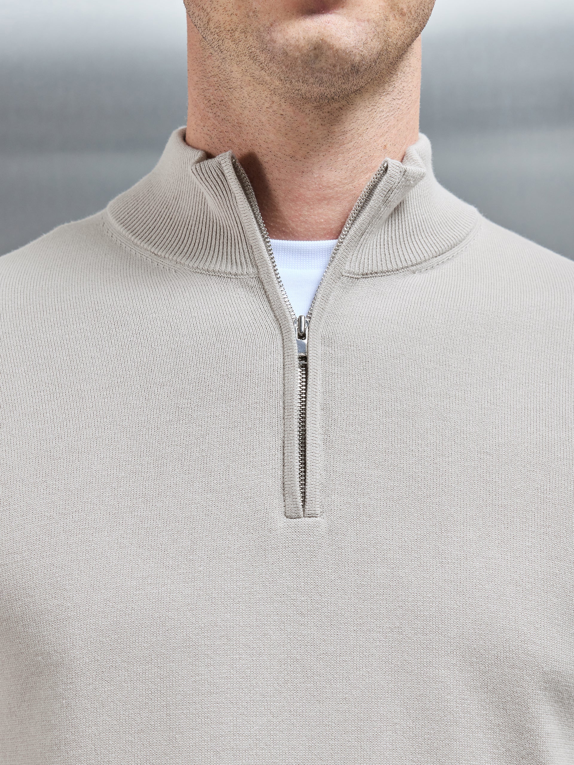 Cotton Knitted Half Zip Funnel Neck Jumper in Stone