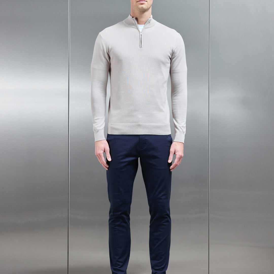 Cotton Knitted Half Zip Funnel Neck Jumper in Stone