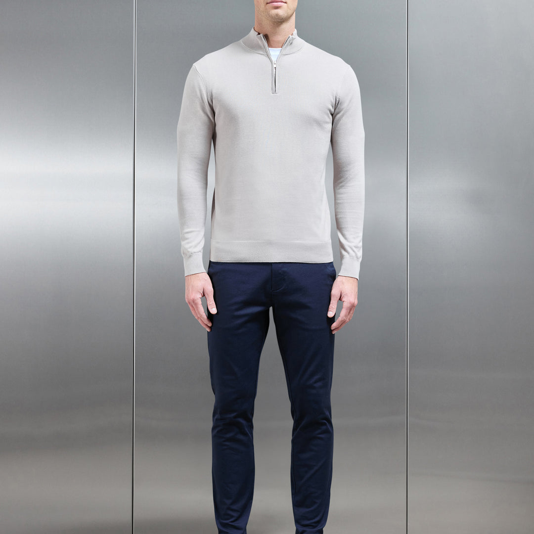 Cotton Knitted Half Zip Funnel Neck Jumper in Stone
