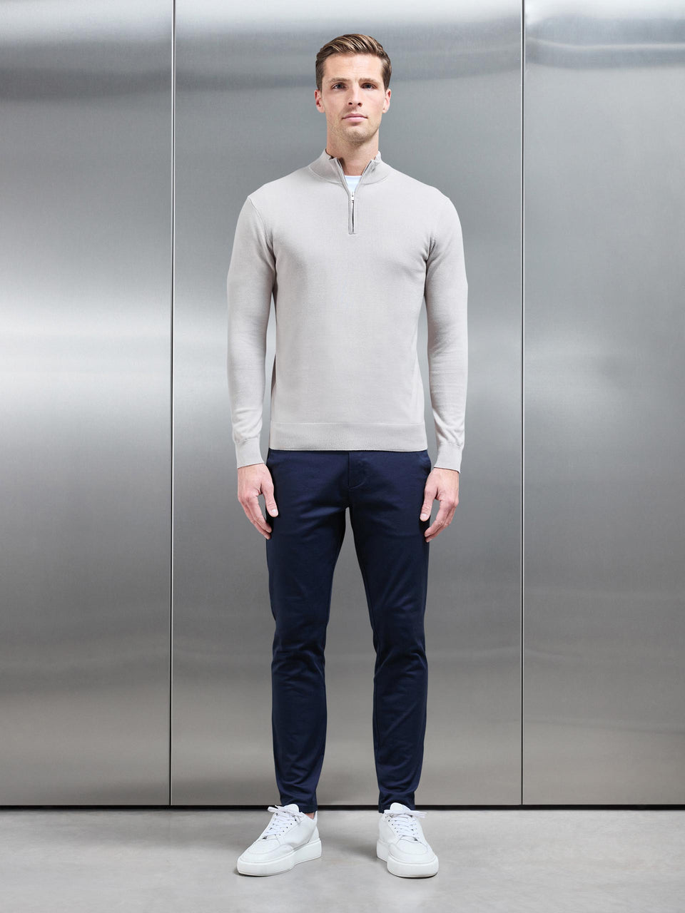 Cotton Knitted Half Zip Funnel Neck Jumper in Stone