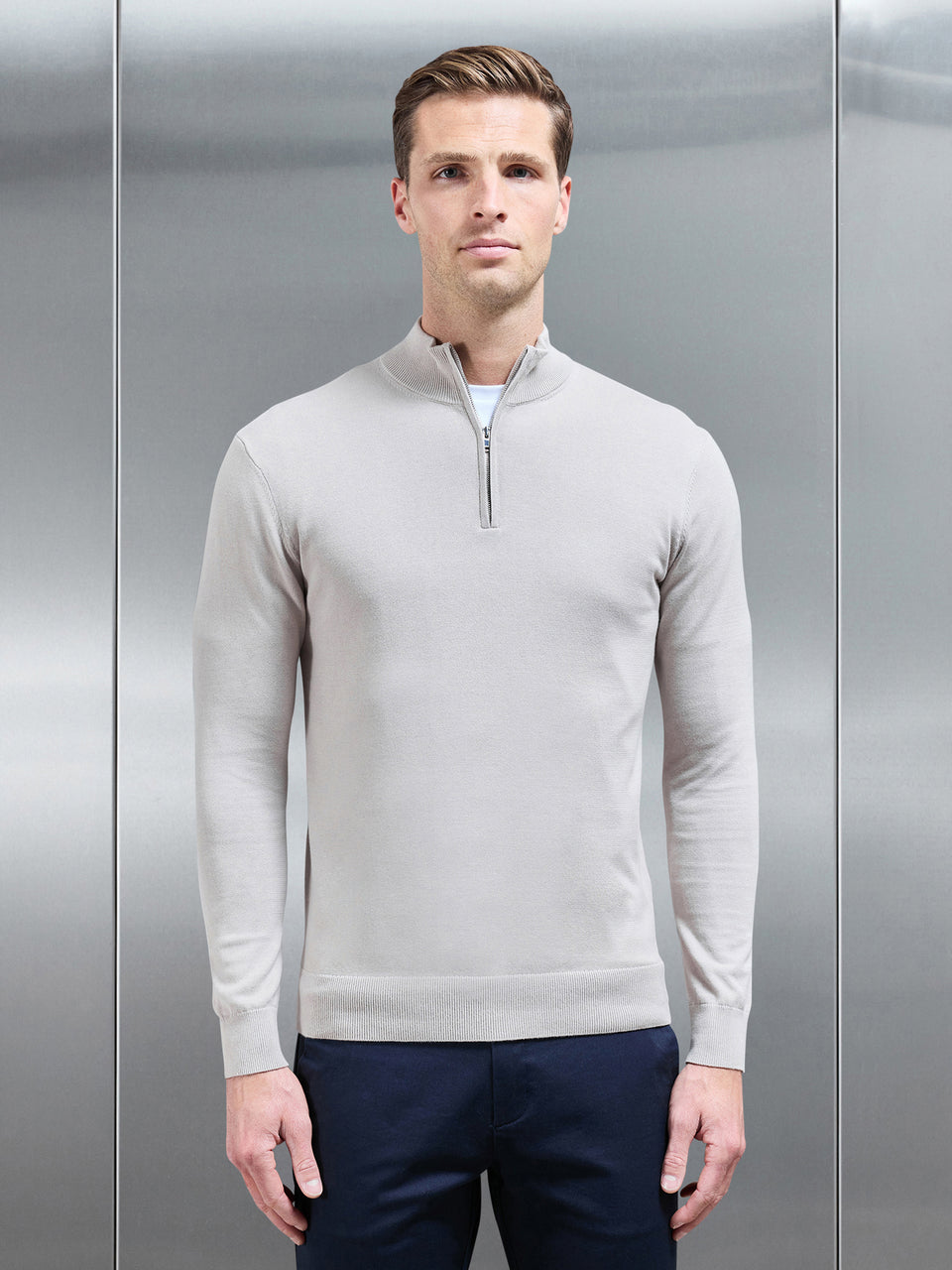 Cotton Knitted Half Zip Funnel Neck Jumper in Stone