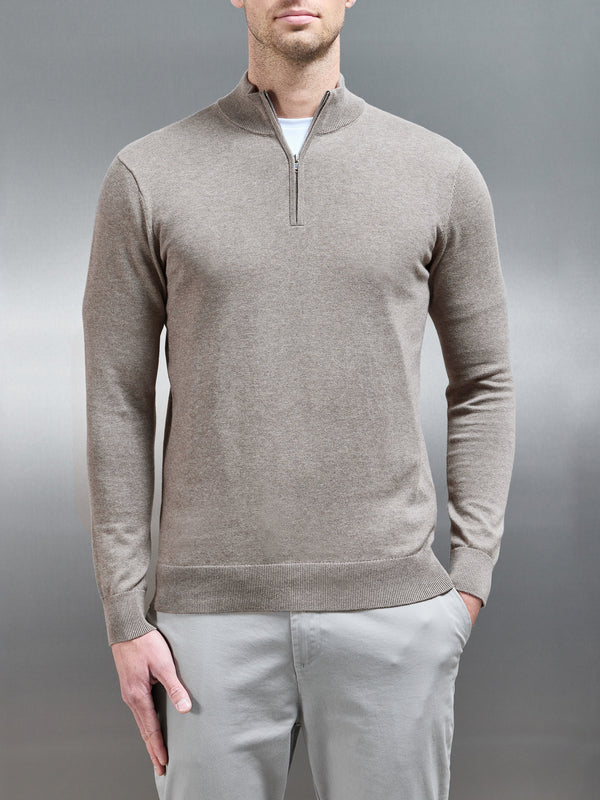 Cotton Knitted Half Zip Funnel Neck Jumper in Taupe Marl