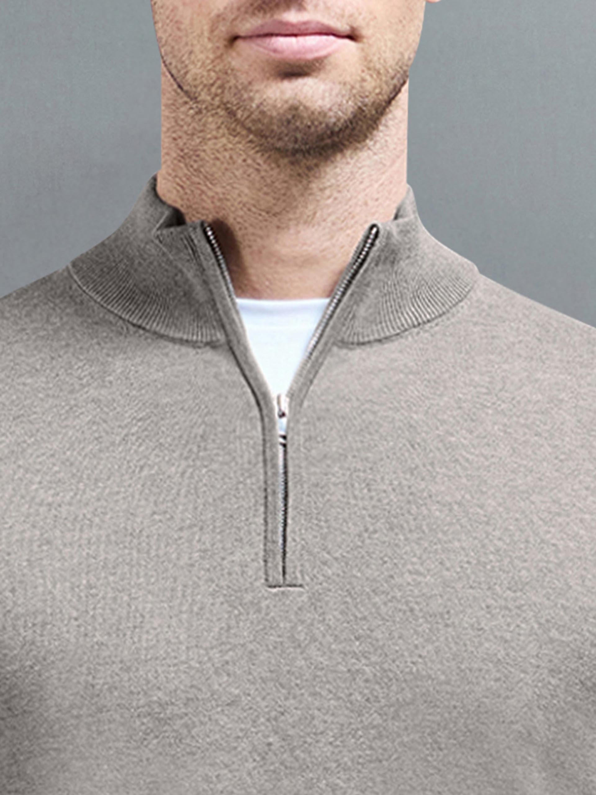Cotton Knitted Half Zip Funnel Neck Jumper in Taupe Marl