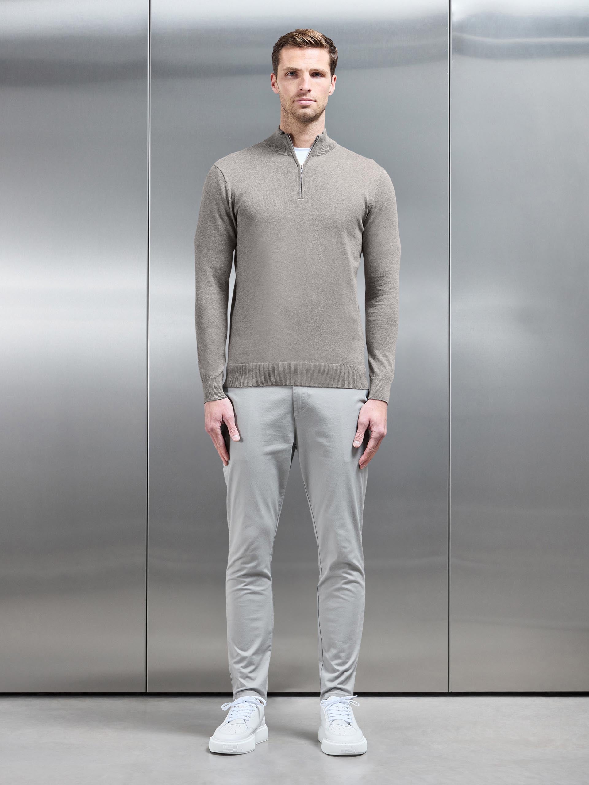 Cotton Knitted Half Zip Funnel Neck Jumper in Taupe Marl