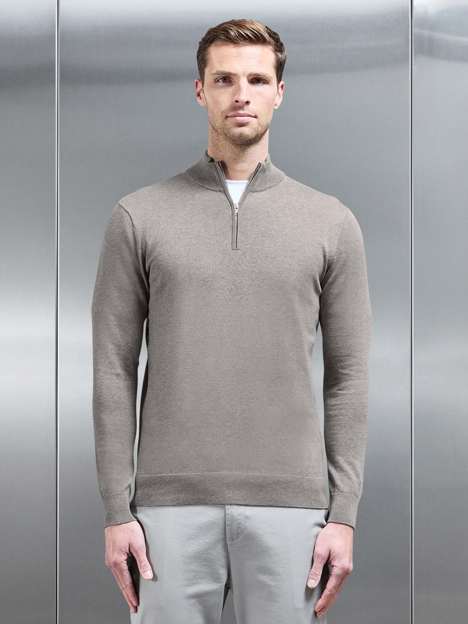 Cotton Knitted Half Zip Funnel Neck Jumper in Taupe Marl
