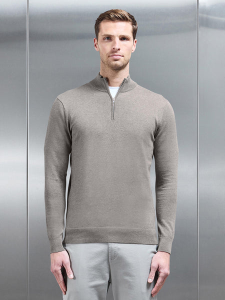 Cotton Knitted Half Zip Funnel Neck Jumper in Taupe Marl