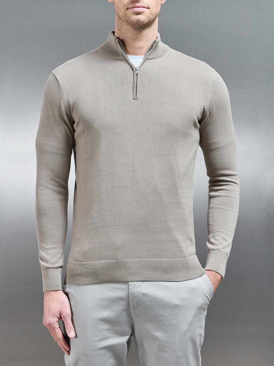 Cotton Knitted Half Zip Funnel Neck Jumper in Taupe