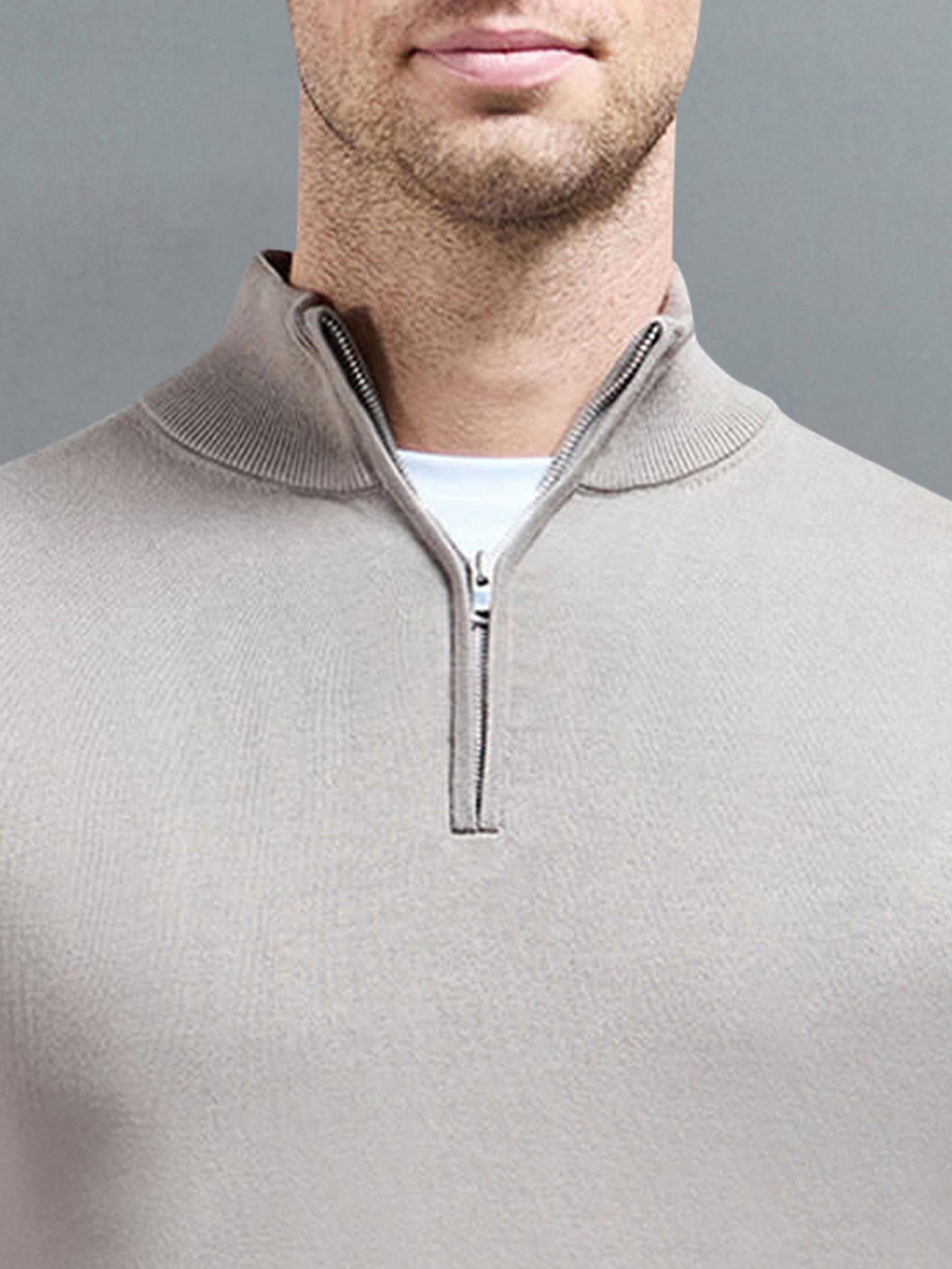 Cotton Knitted Half Zip Funnel Neck Jumper in Taupe