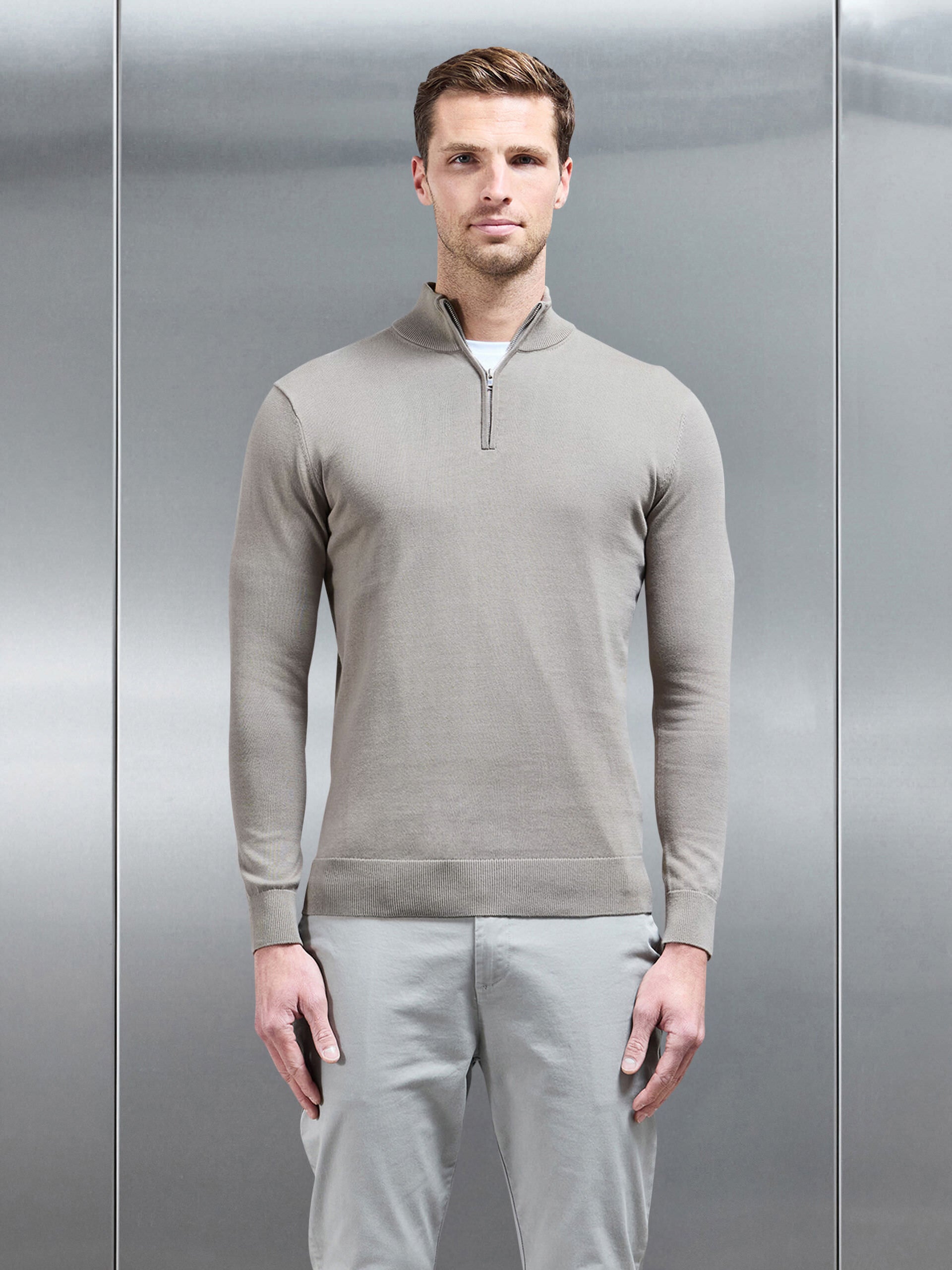 Cotton Knitted Half Zip Funnel Neck Jumper in Taupe