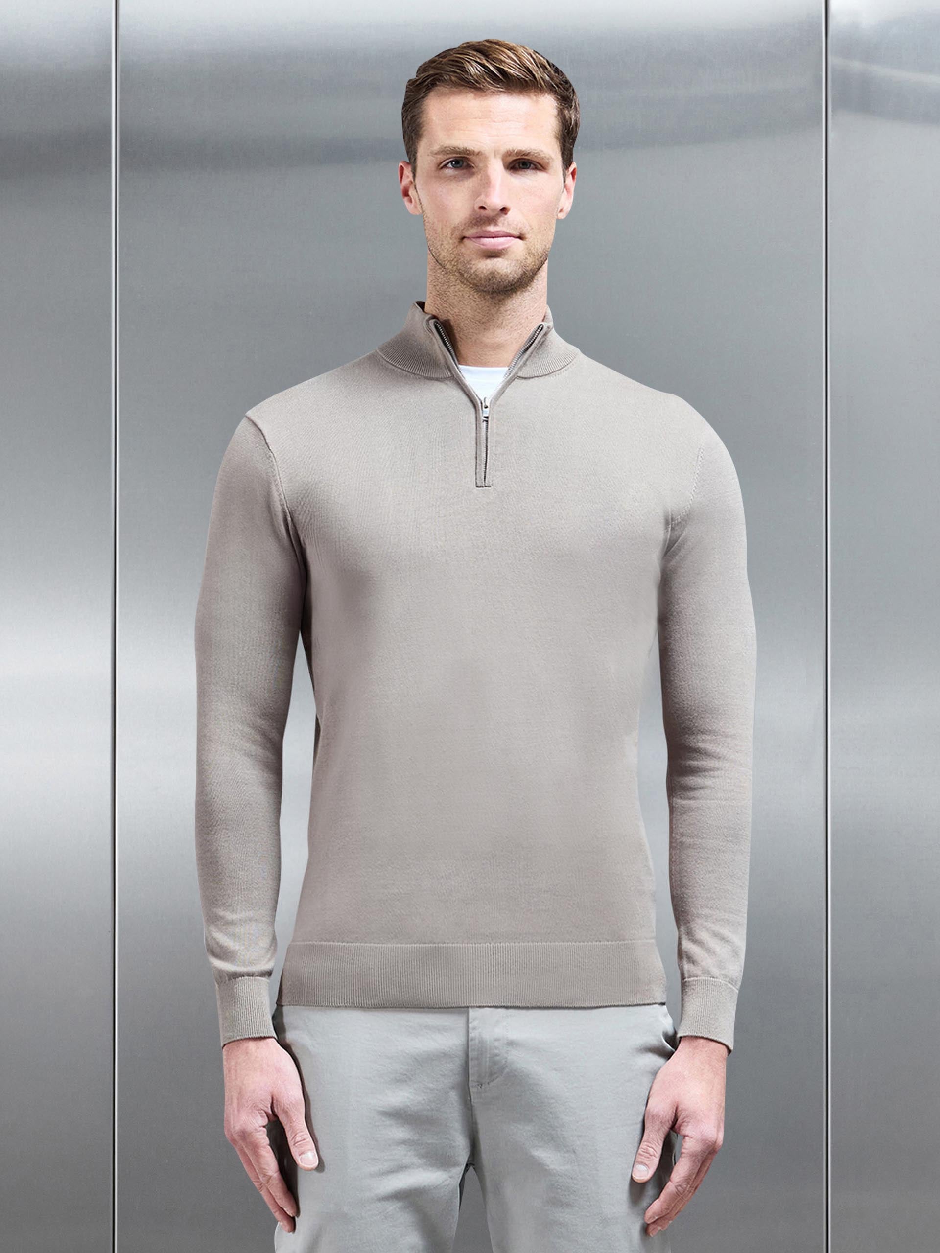 Cotton Knitted Half Zip Funnel Neck Jumper in Taupe