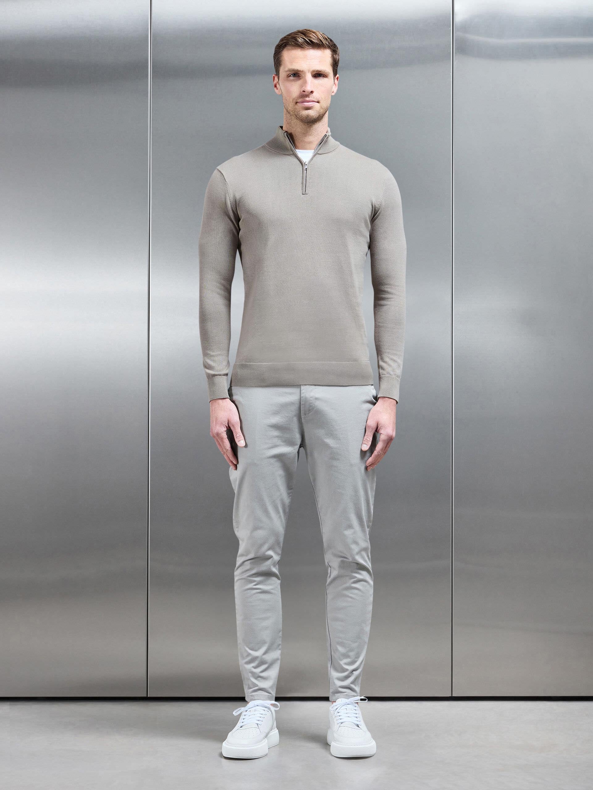 Cotton Knitted Half Zip Funnel Neck Jumper in Taupe