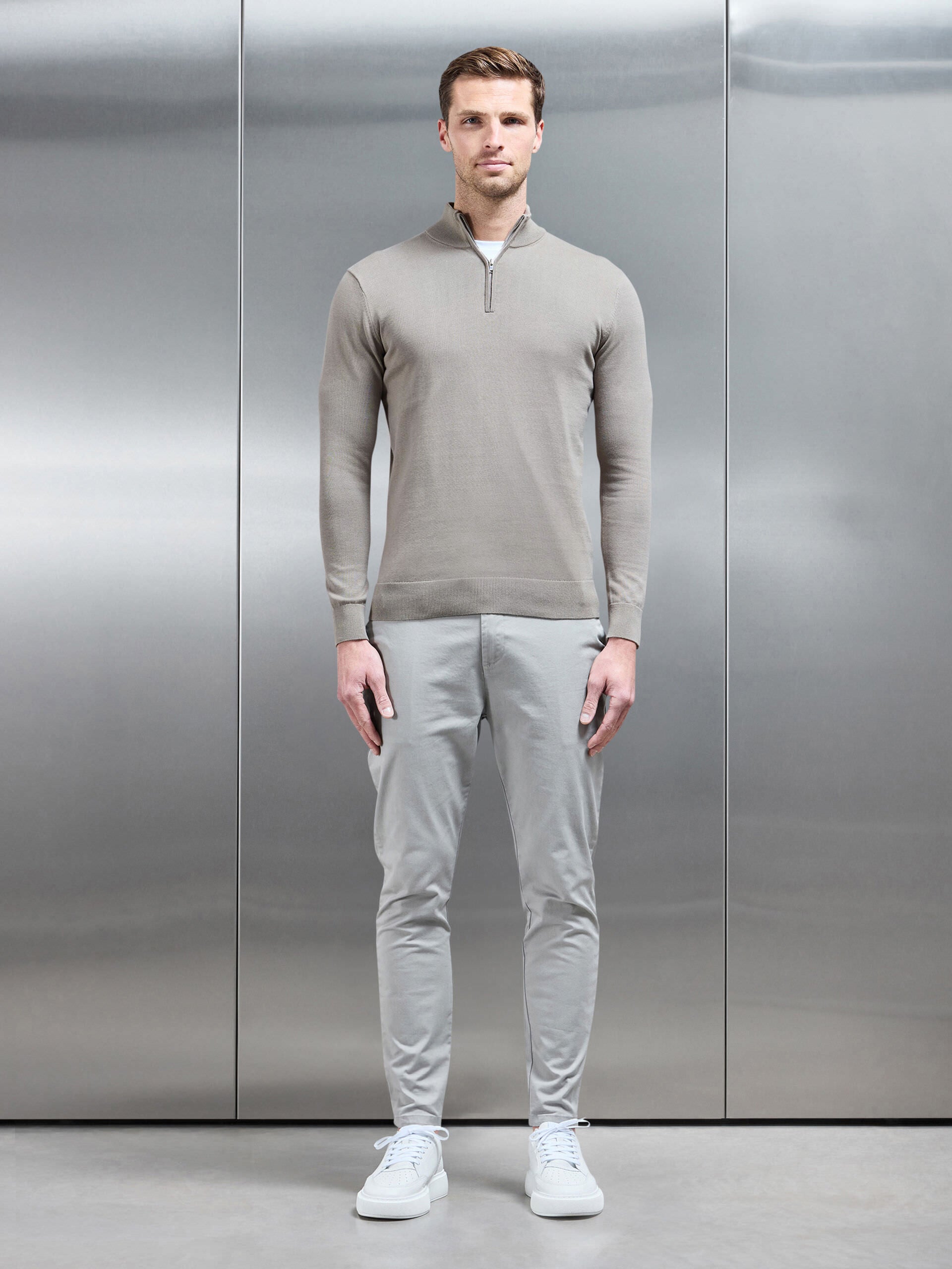 Cotton Knitted Half Zip Funnel Neck Jumper in Taupe