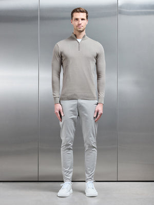 Cotton Knitted Half Zip Funnel Neck Jumper in Taupe