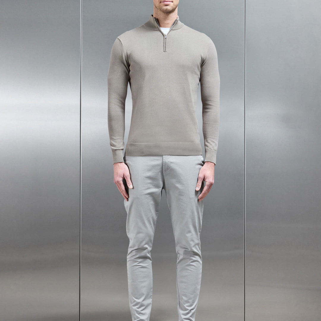 Cotton Knitted Half Zip Funnel Neck Jumper in Taupe