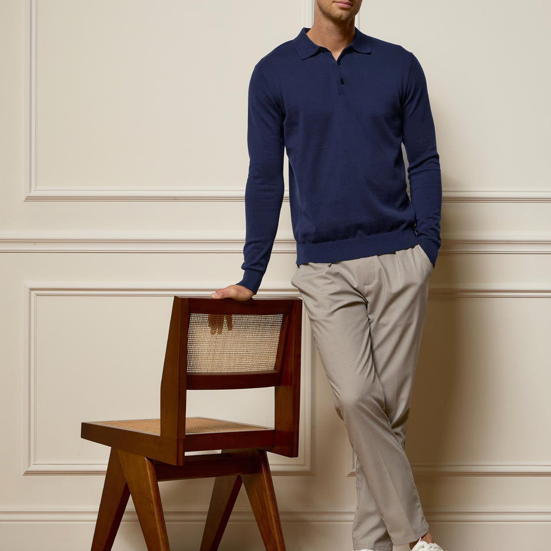 Cotton Knitted Long Sleeve Button Polo Shirt in Navy