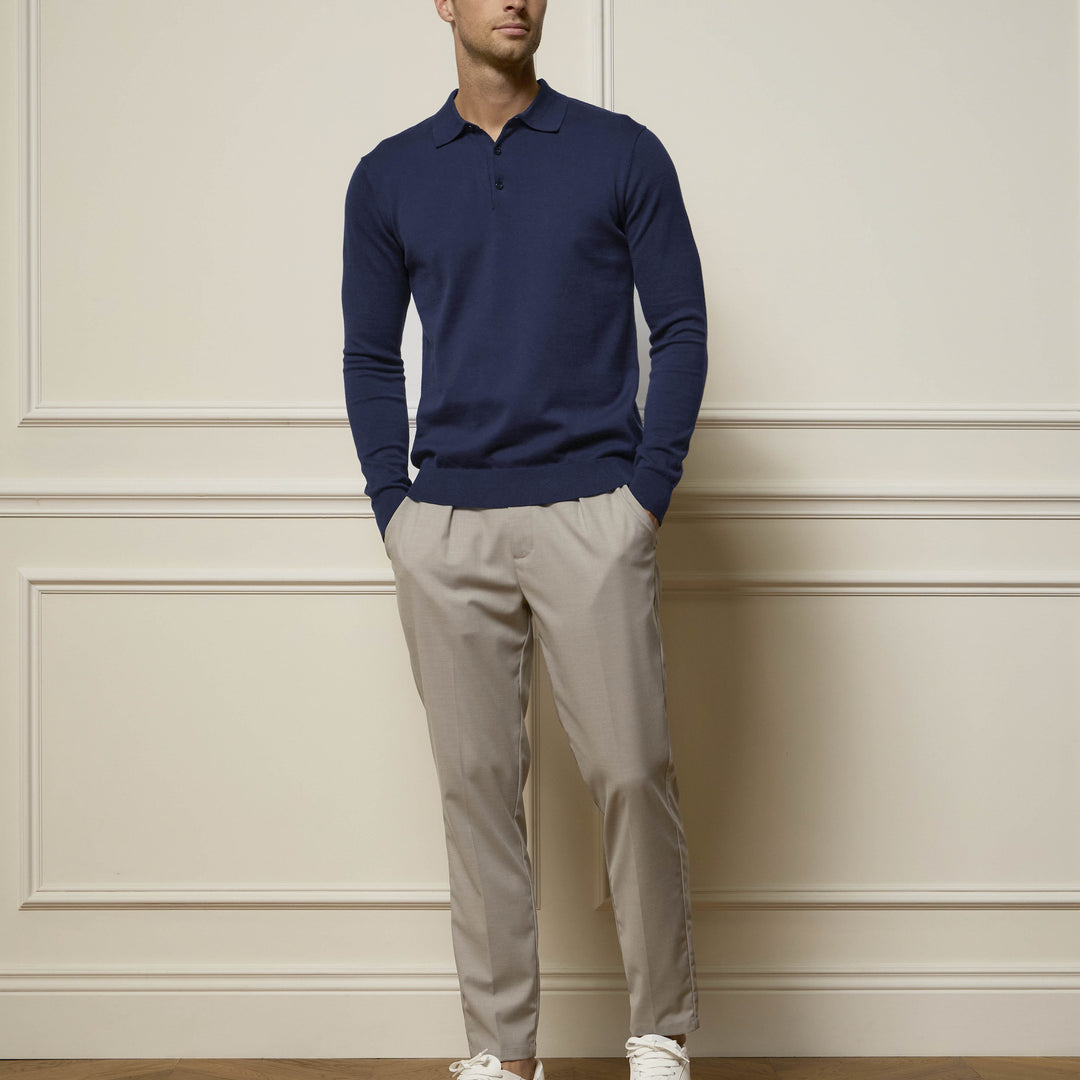 Cotton Knitted Long Sleeve Button Polo Shirt in Navy