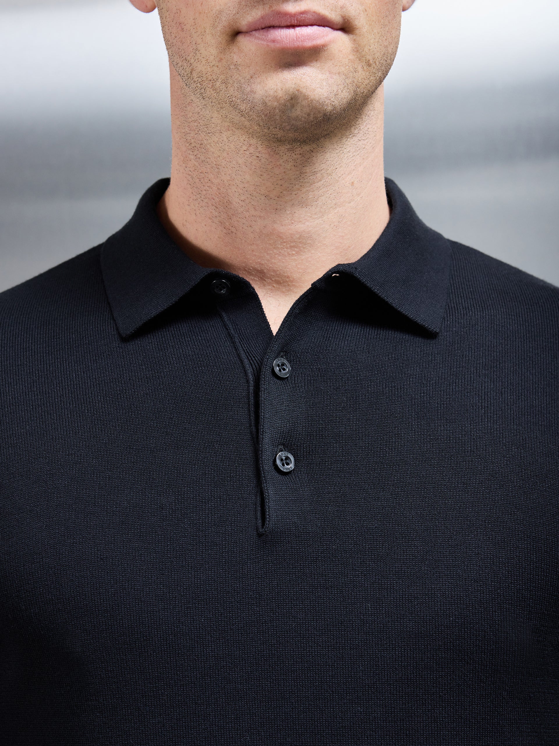 Cotton Knitted Long Sleeve Button Polo Shirt in Black