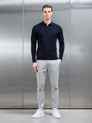 Cotton Knitted Long Sleeve Button Polo Shirt in Black
