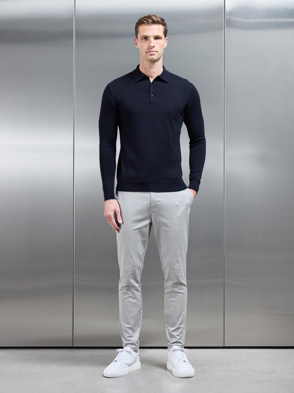 Cotton Knitted Long Sleeve Button Polo Shirt in Black