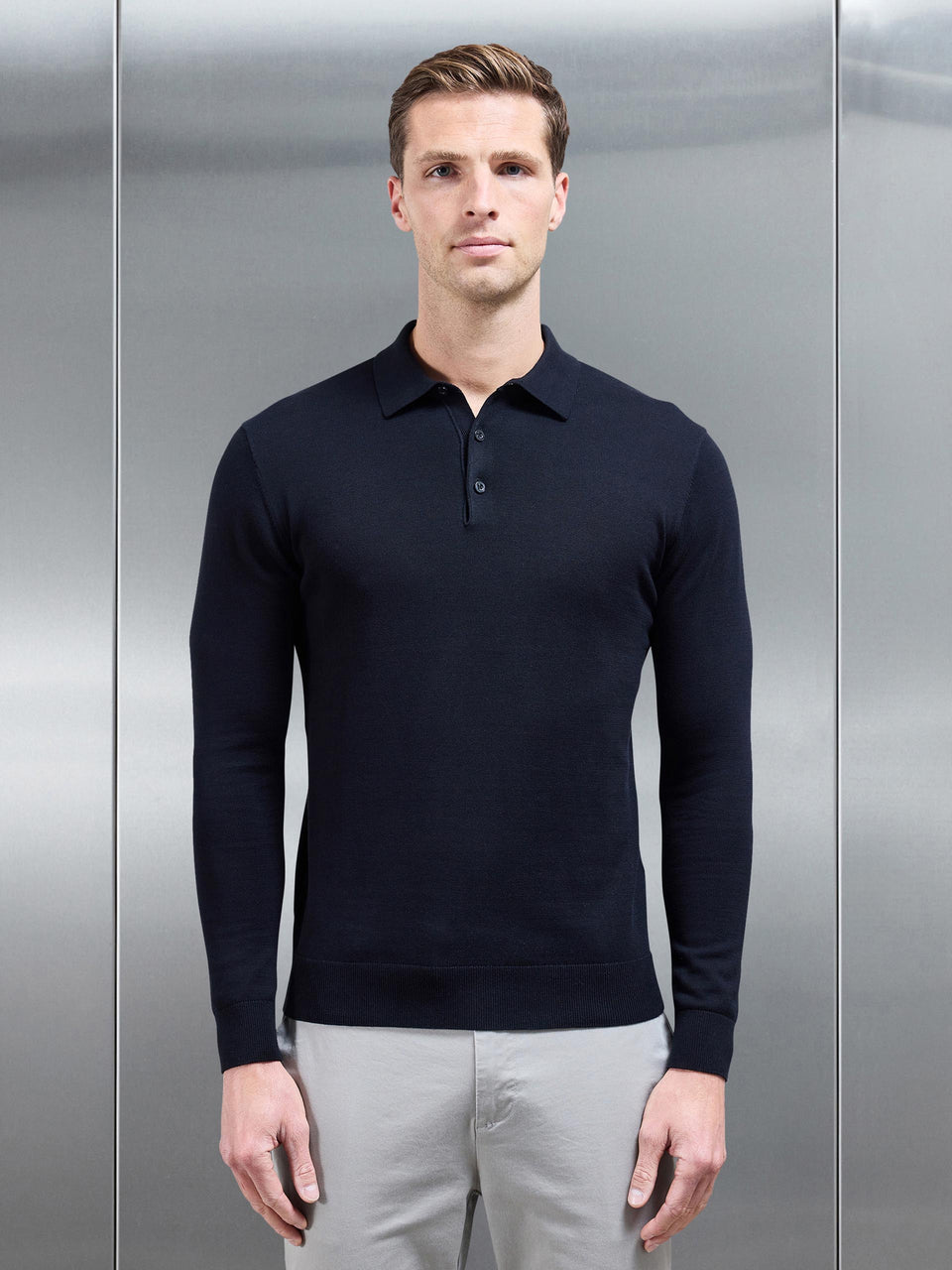 Cotton Knitted Long Sleeve Button Polo Shirt in Black