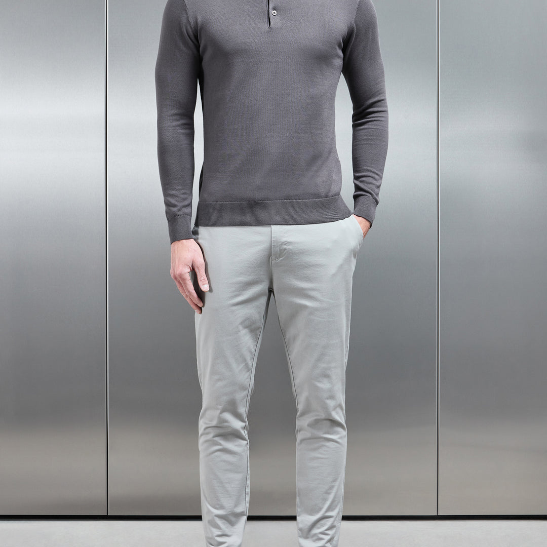 Cotton Knitted Long Sleeve Button Polo Shirt in Grey