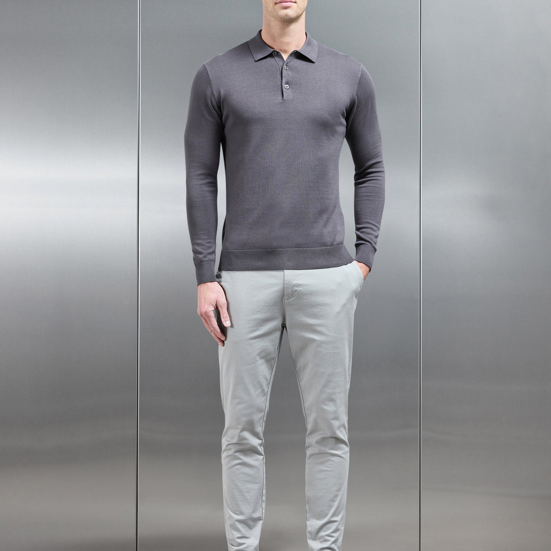 Cotton Knitted Long Sleeve Button Polo Shirt in Grey