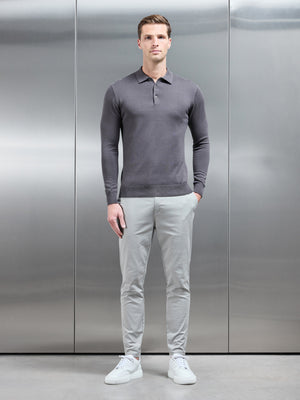 Cotton Knitted Long Sleeve Button Polo Shirt in Grey