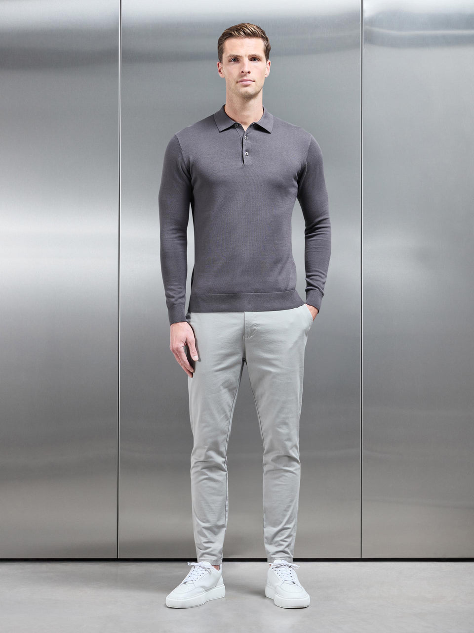 Cotton Knitted Long Sleeve Button Polo Shirt in Grey
