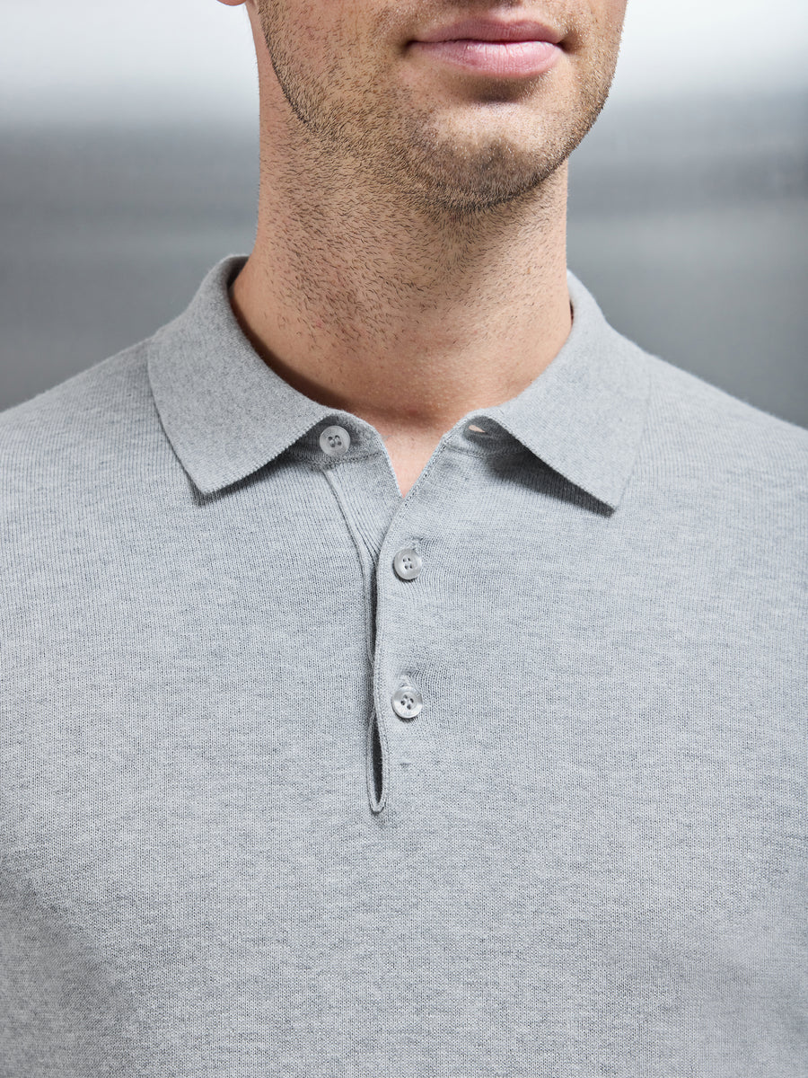 Cotton Knitted Long Sleeve Button Polo Shirt in Marl Grey