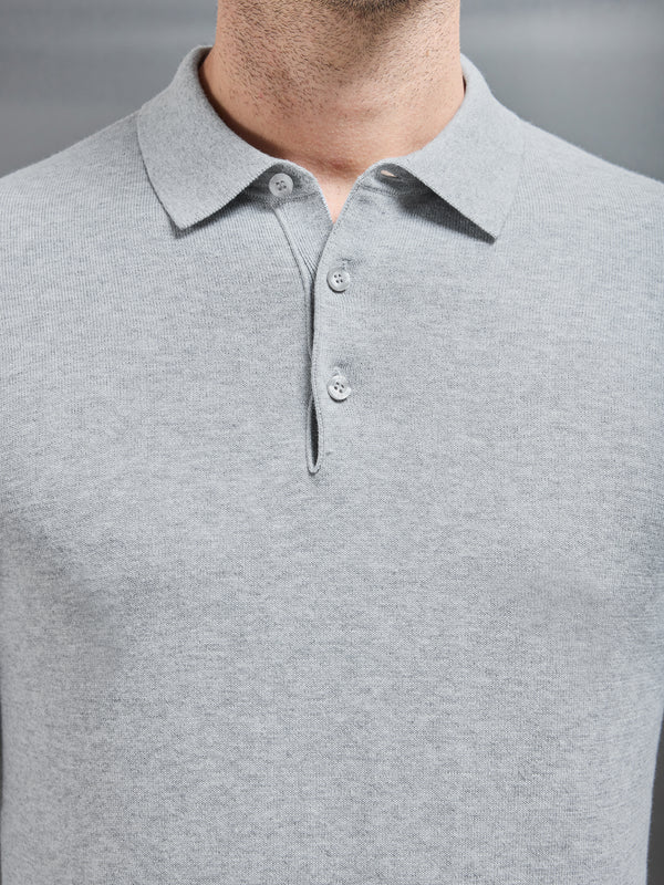 Cotton Knitted Long Sleeve Button Polo Shirt in Marl Grey