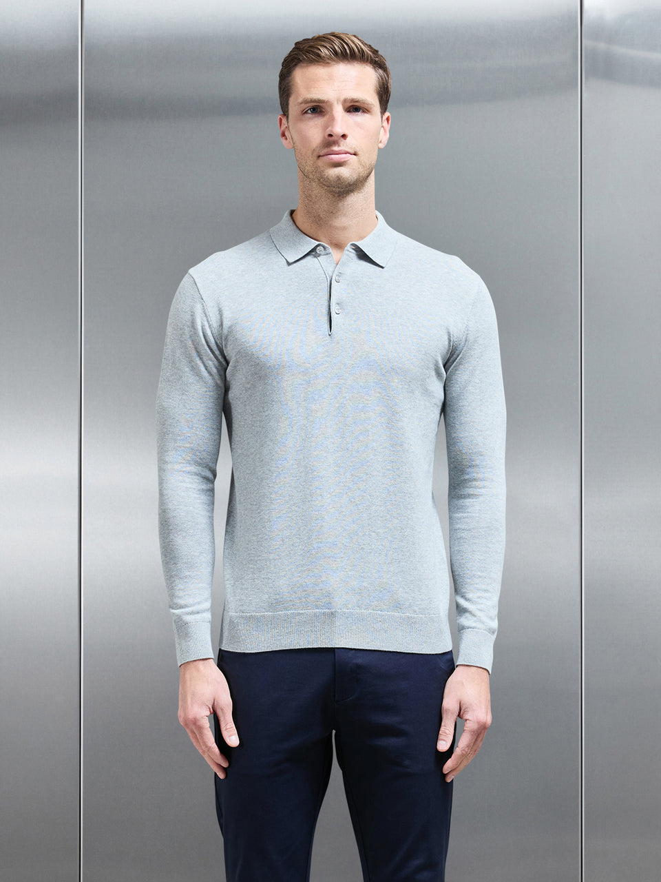 Cotton Knitted Long Sleeve Button Polo Shirt in Marl Grey