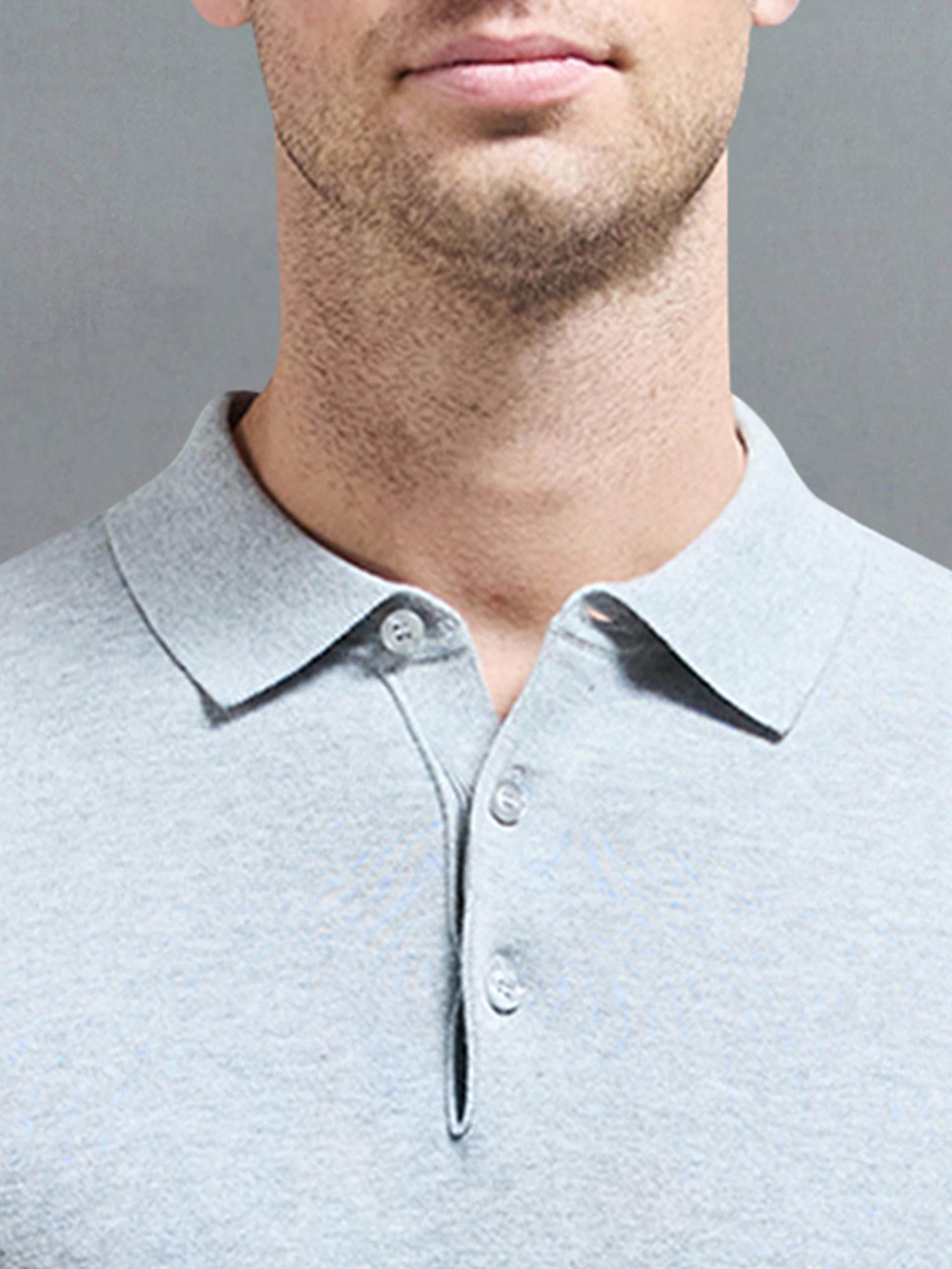 Cotton Knitted Long Sleeve Button Polo Shirt in Marl Grey