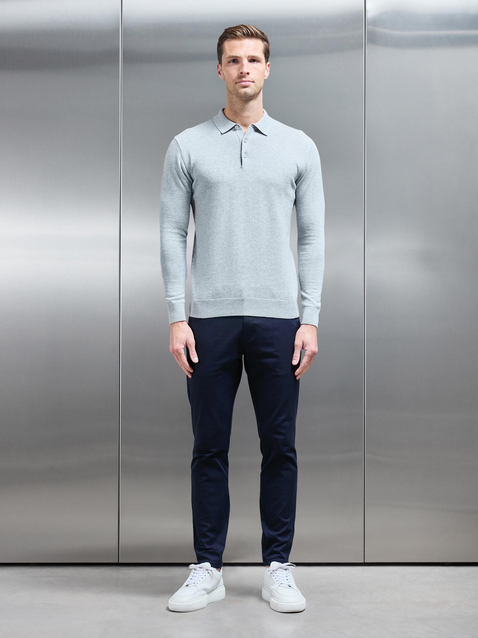 Cotton Knitted Long Sleeve Button Polo Shirt in Marl Grey