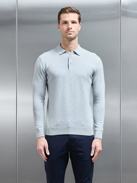 Cotton Knitted Long Sleeve Button Polo Shirt in Marl Grey