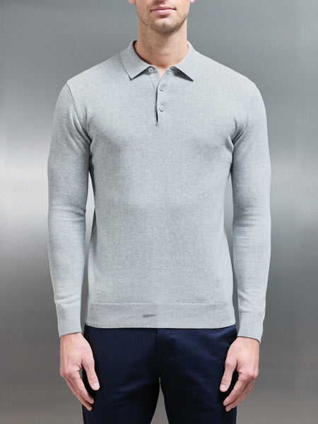 Cotton Knitted Long Sleeve Button Polo Shirt in Marl Grey