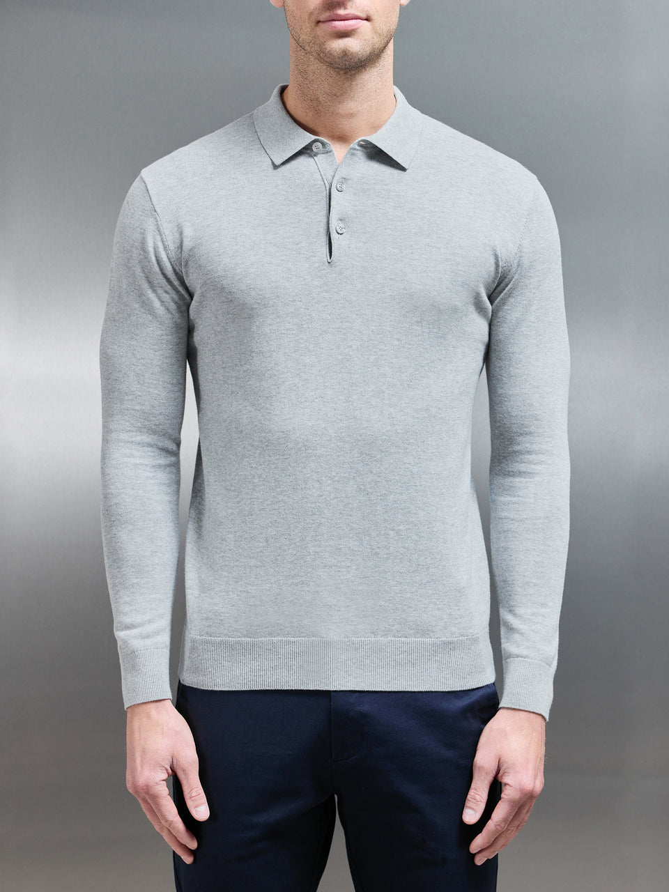Cotton Knitted Long Sleeve Button Polo Shirt in Marl Grey