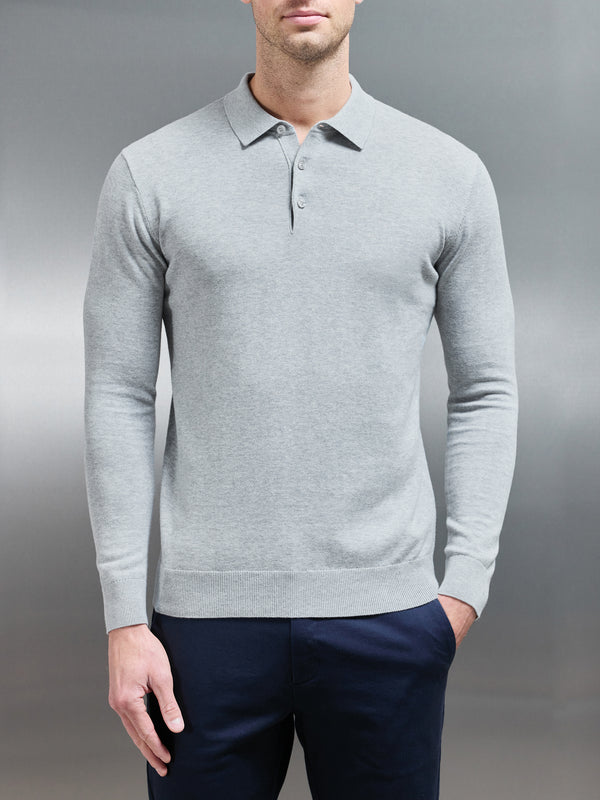 Cotton Knitted Long Sleeve Button Polo Shirt in Marl Grey