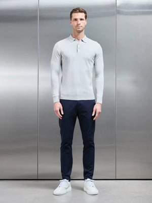 Cotton Knitted Long Sleeve Button Polo Shirt in Mid Grey