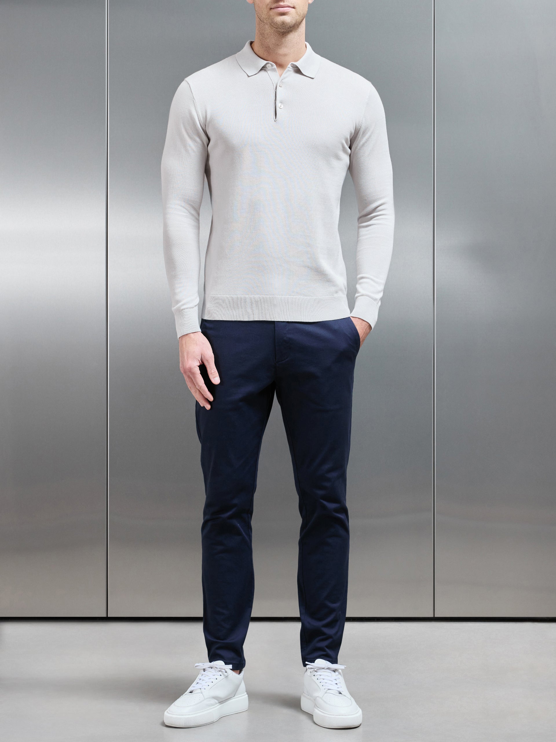 Cotton Knitted Long Sleeve Button Polo Shirt in Mid Grey