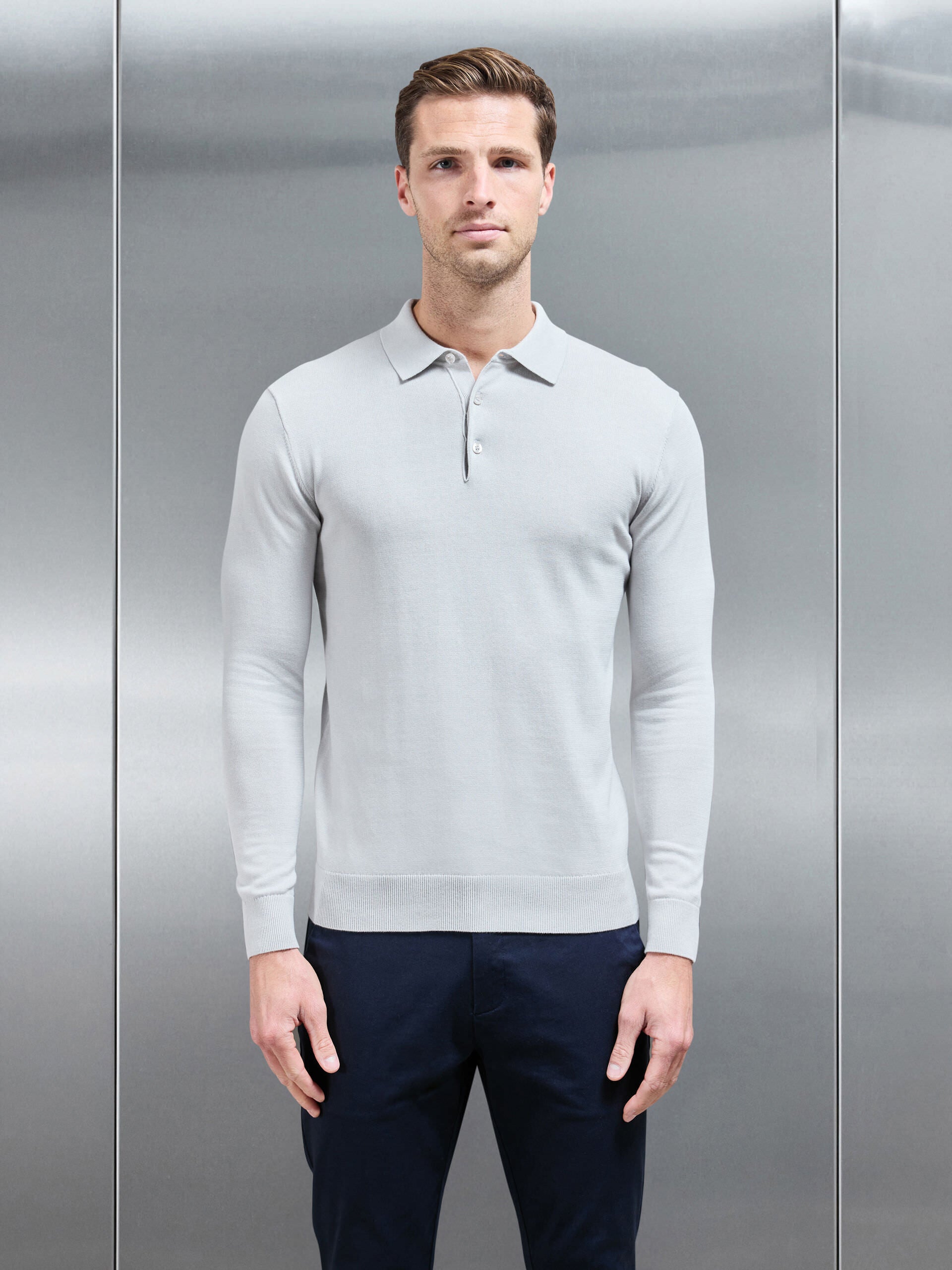 Cotton Knitted Long Sleeve Button Polo Shirt in Mid Grey