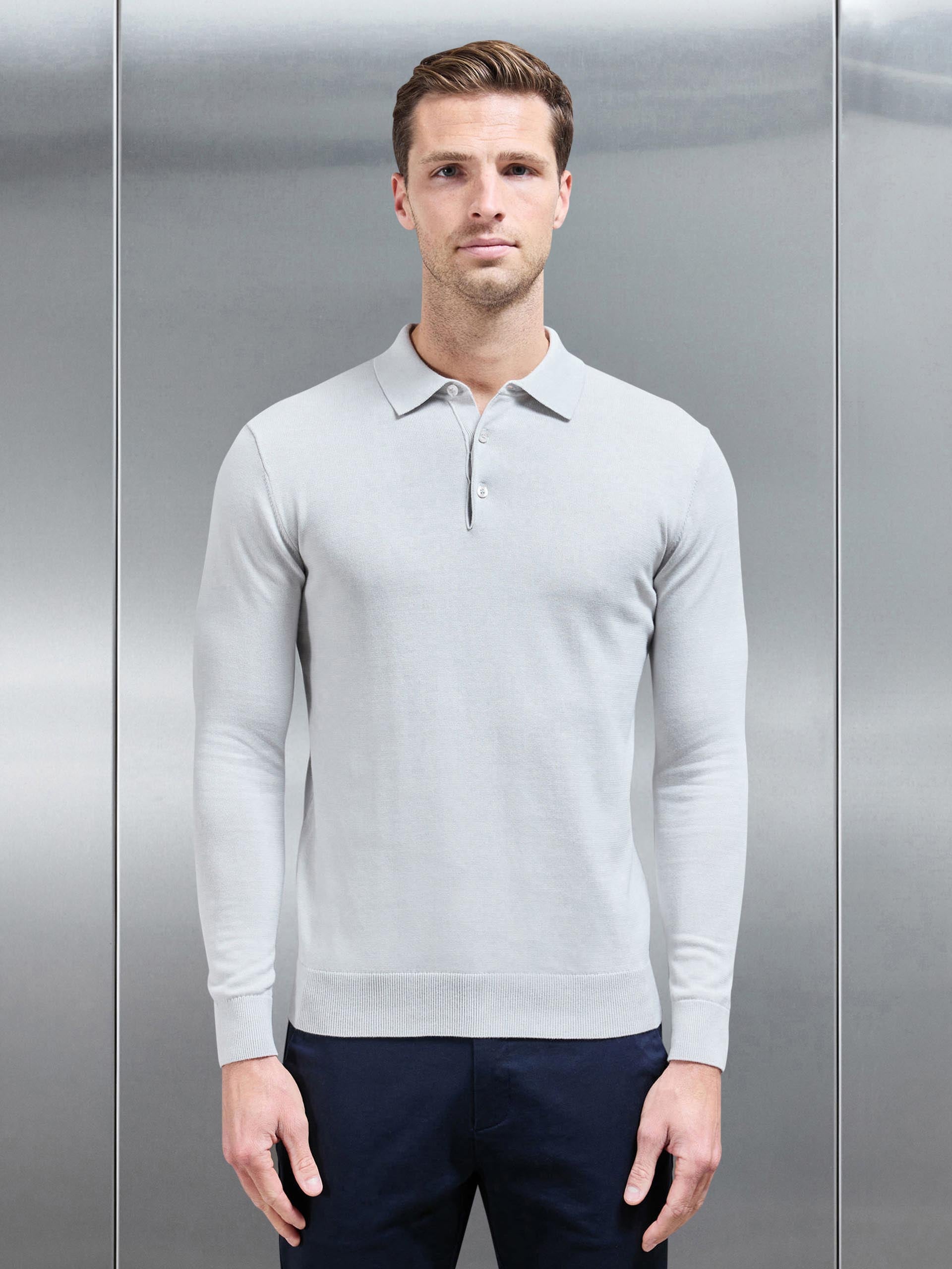 Cotton Knitted Long Sleeve Button Polo Shirt in Mid Grey
