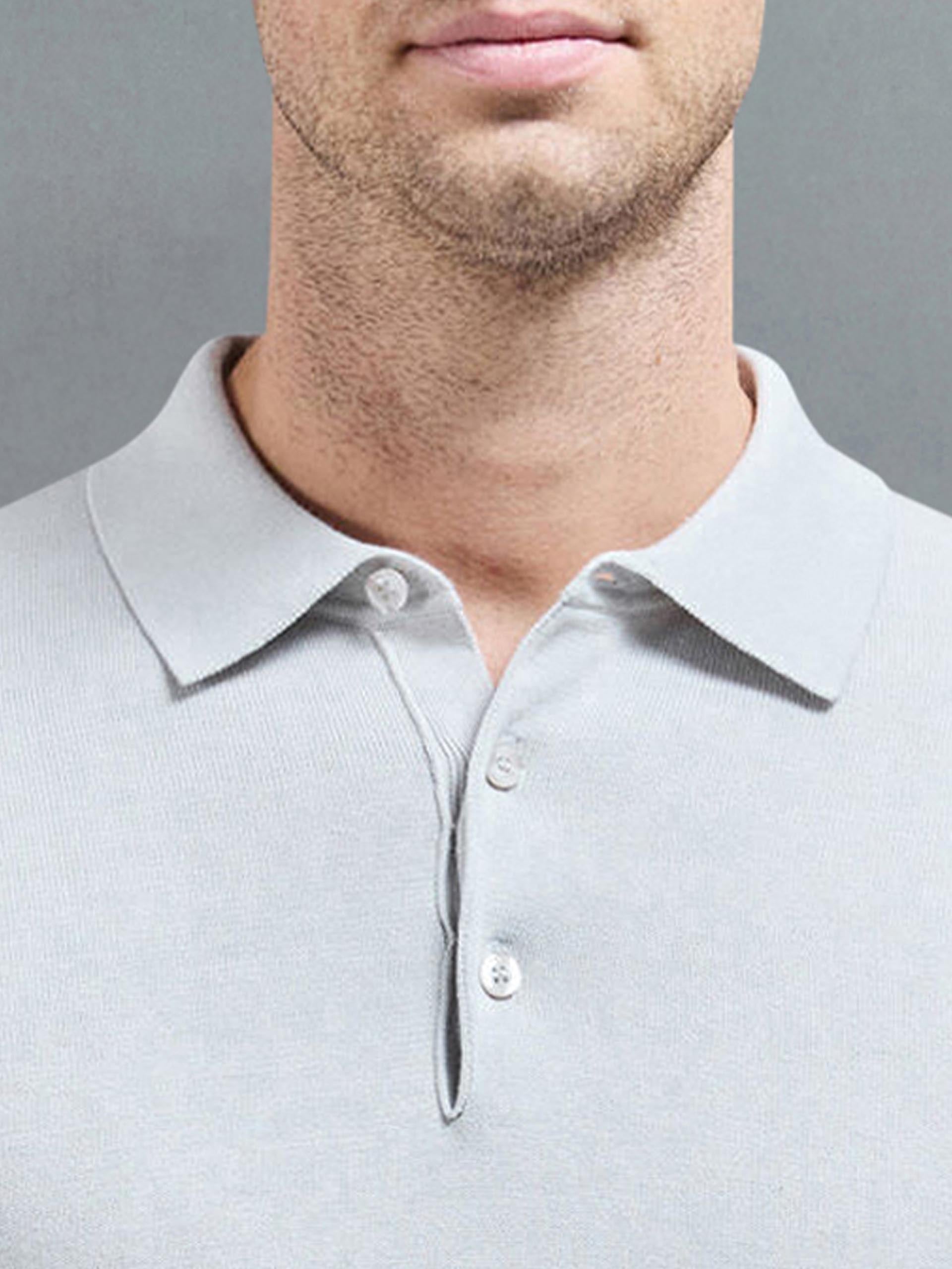 Cotton Knitted Long Sleeve Button Polo Shirt in Mid Grey