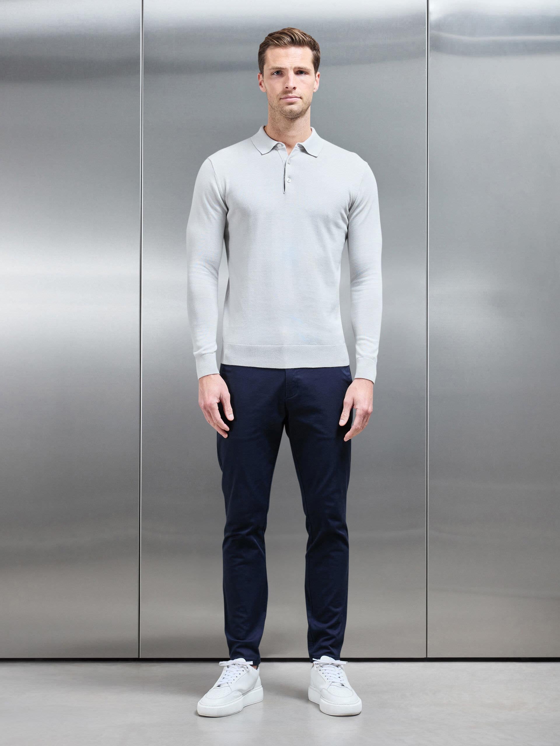 Cotton Knitted Long Sleeve Button Polo Shirt in Mid Grey
