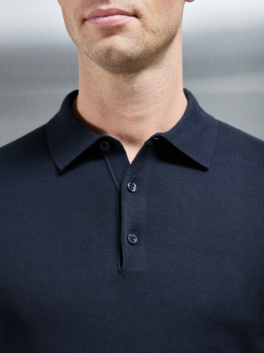 Cotton Knitted Long Sleeve Button Polo Shirt in Navy