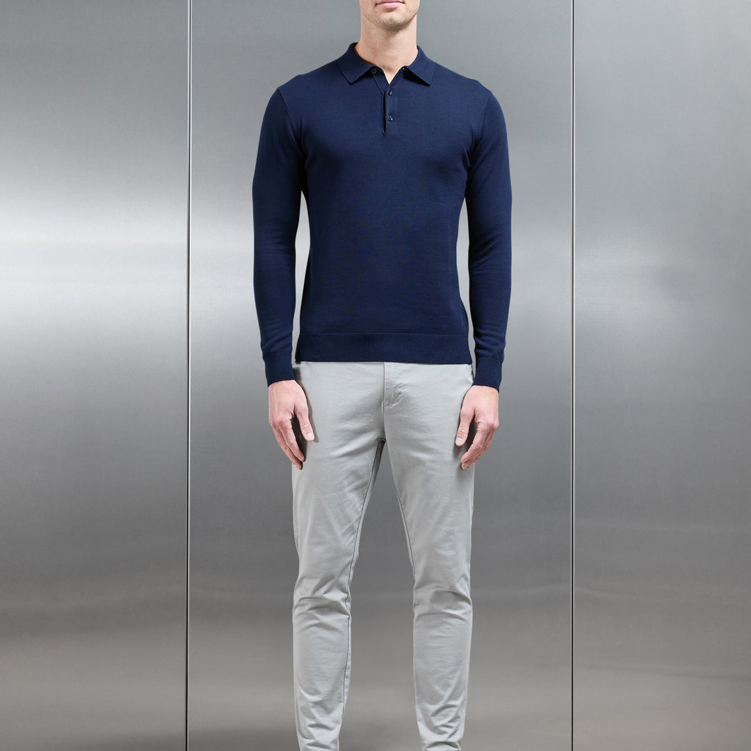 Cotton Knitted Long Sleeve Button Polo Shirt in Navy