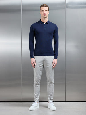 Cotton Knitted Long Sleeve Button Polo Shirt in Navy